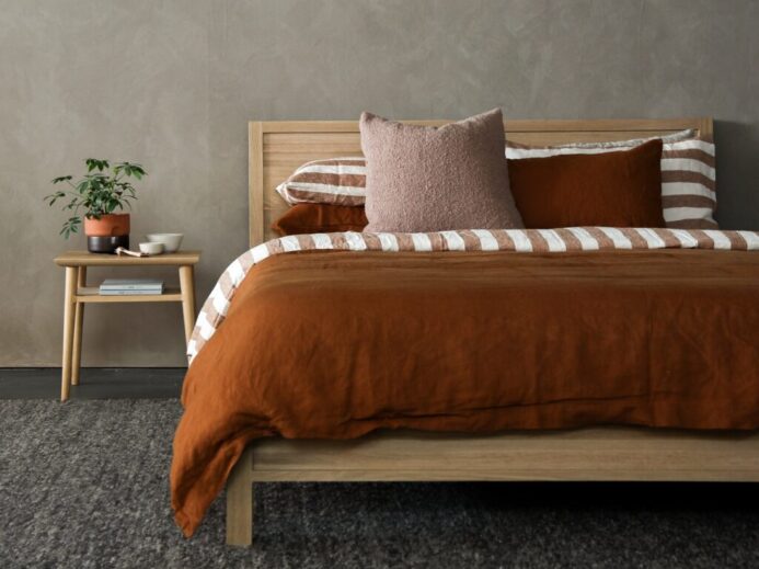brown and white bed linen