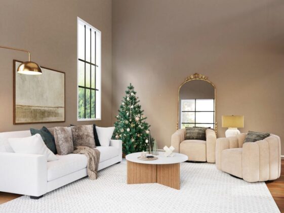 white sofa near green christmas tree